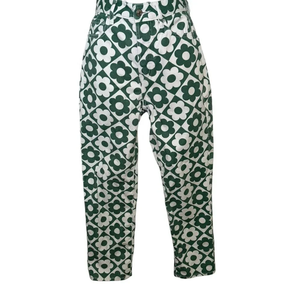PacSun Green White Daisy High Rise Straight Leg Jeans Size 23